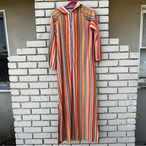 Vintage Terry Hooded Zip Front Robe in Rainbow Stripe